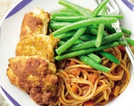 7 gepaneerde kip met pasta en sperziebonen